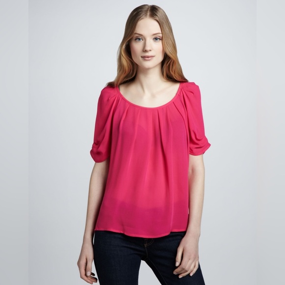 Joie Pleated Short Sleeve Back Tie Neckline 100% Silk Top Blouse Hot Pink Sz S - Picture 1 of 9